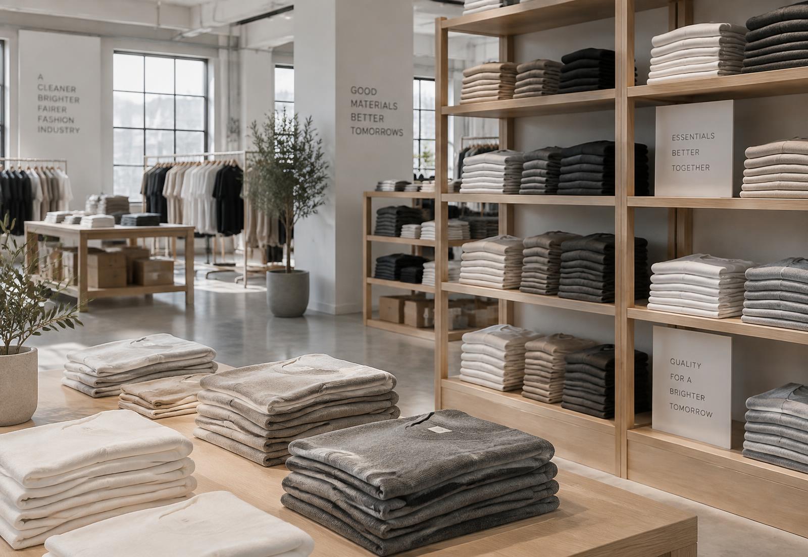 Folded textile products on shelving in a clean wholesale showroom